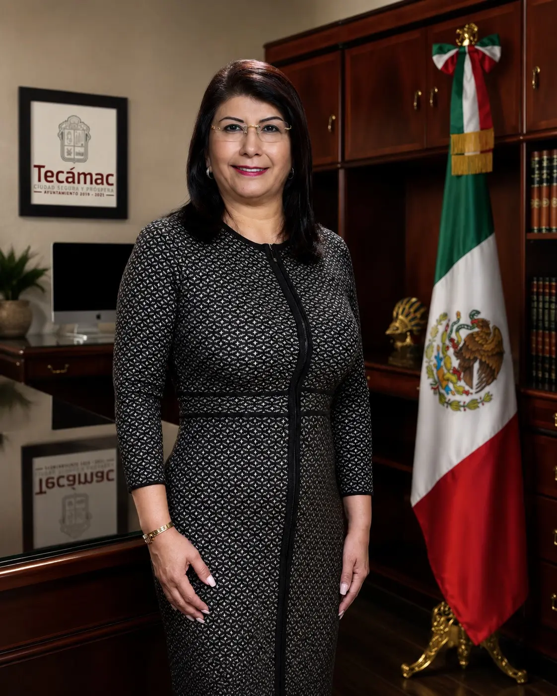 Professional woman standing in a government office near a Tecámac sign and the Mexican flag.